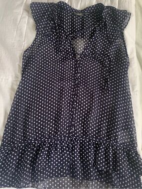 Mexx Navy Polka Dot Ruffle Blouse | Tie Neck | Sleeveless |